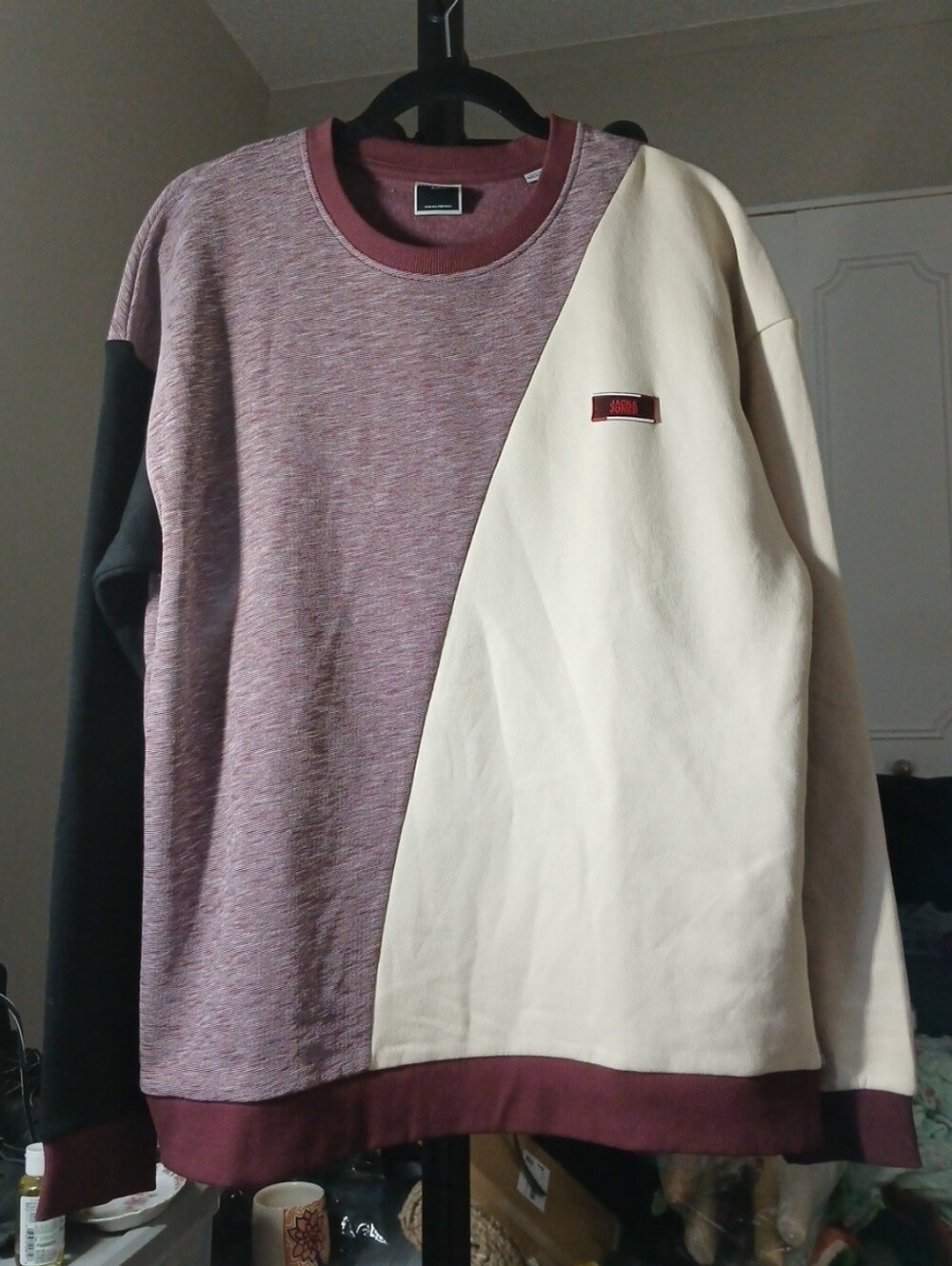 Jack & Jones Maroon, Cream & Black Diagonal Colorblock Crewneck Sweatshirt
